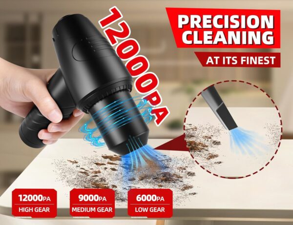 2-in-1 Electric Compressed Air Duster & Cordless Vacuum Cleaner Combo, 7600mAh and 110000RPM Rechargeable Air Blower with 3 Gear & Light, 15 Accessorie 12000PA Handheld Car Vacuum Wireless for Car, PC - Image 4