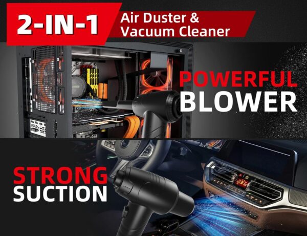 2-in-1 Electric Compressed Air Duster & Cordless Vacuum Cleaner Combo, 7600mAh and 110000RPM Rechargeable Air Blower with 3 Gear & Light, 15 Accessorie 12000PA Handheld Car Vacuum Wireless for Car, PC - Image 2